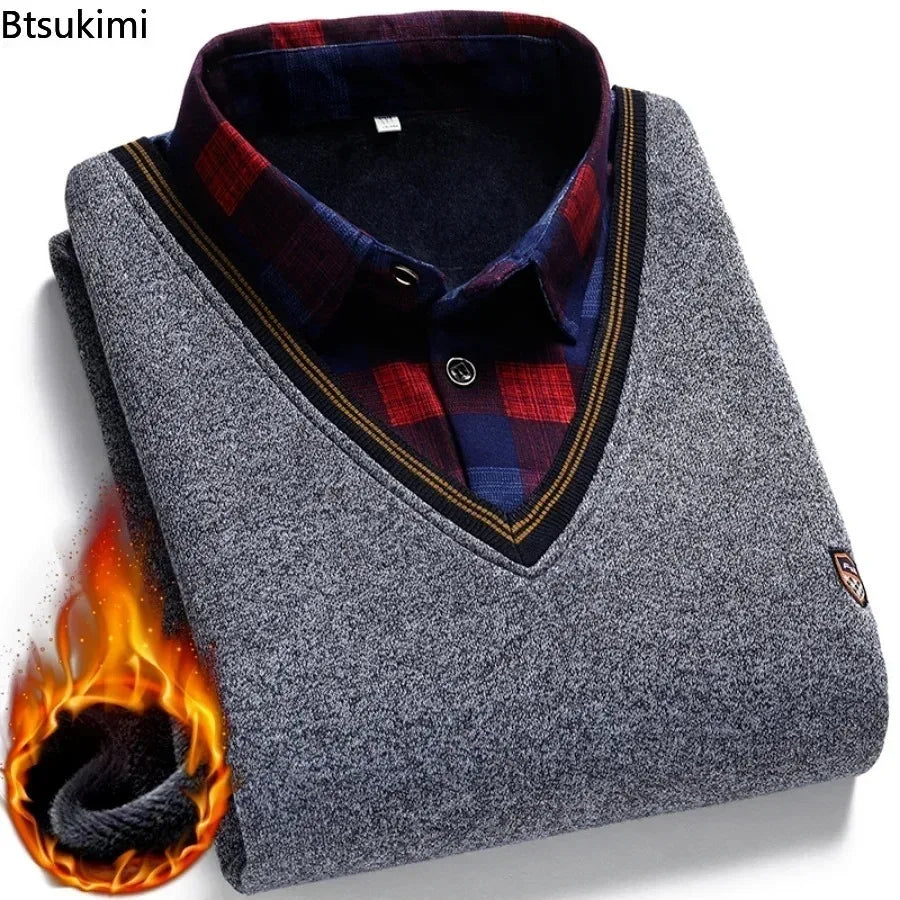 New 2025 Autumn Winter Men's Wool Shirt-Neck Sweater Fashionable Plaid Solid Thickened Warm Fleece High Quality Versatile Casual
