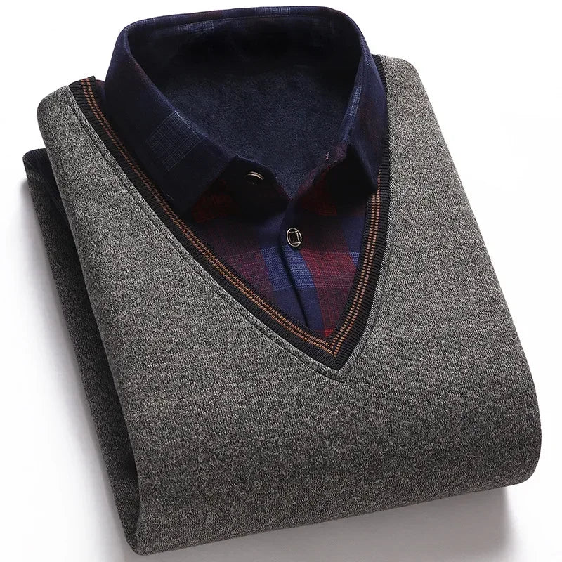 New 2025 Autumn Winter Men's Wool Shirt-Neck Sweater Fashionable Plaid Solid Thickened Warm Fleece High Quality Versatile Casual