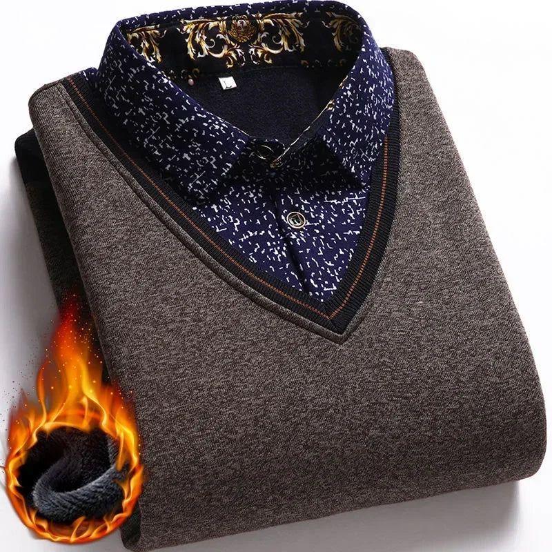 New 2025 Autumn Winter Men's Wool Shirt-Neck Sweater Fashionable Plaid Solid Thickened Warm Fleece High Quality Versatile Casual