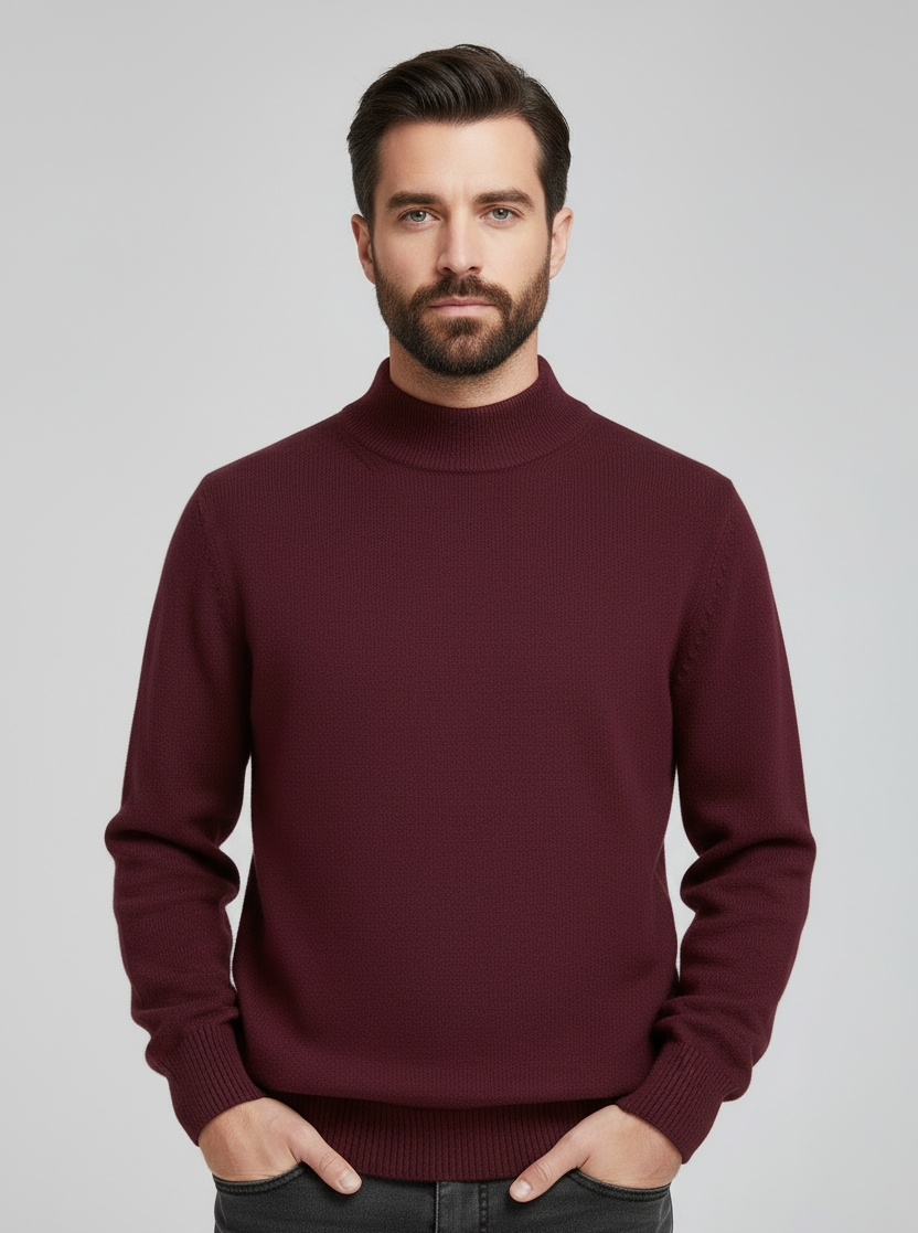 35-year-old bearded man wearing burgundy sweater