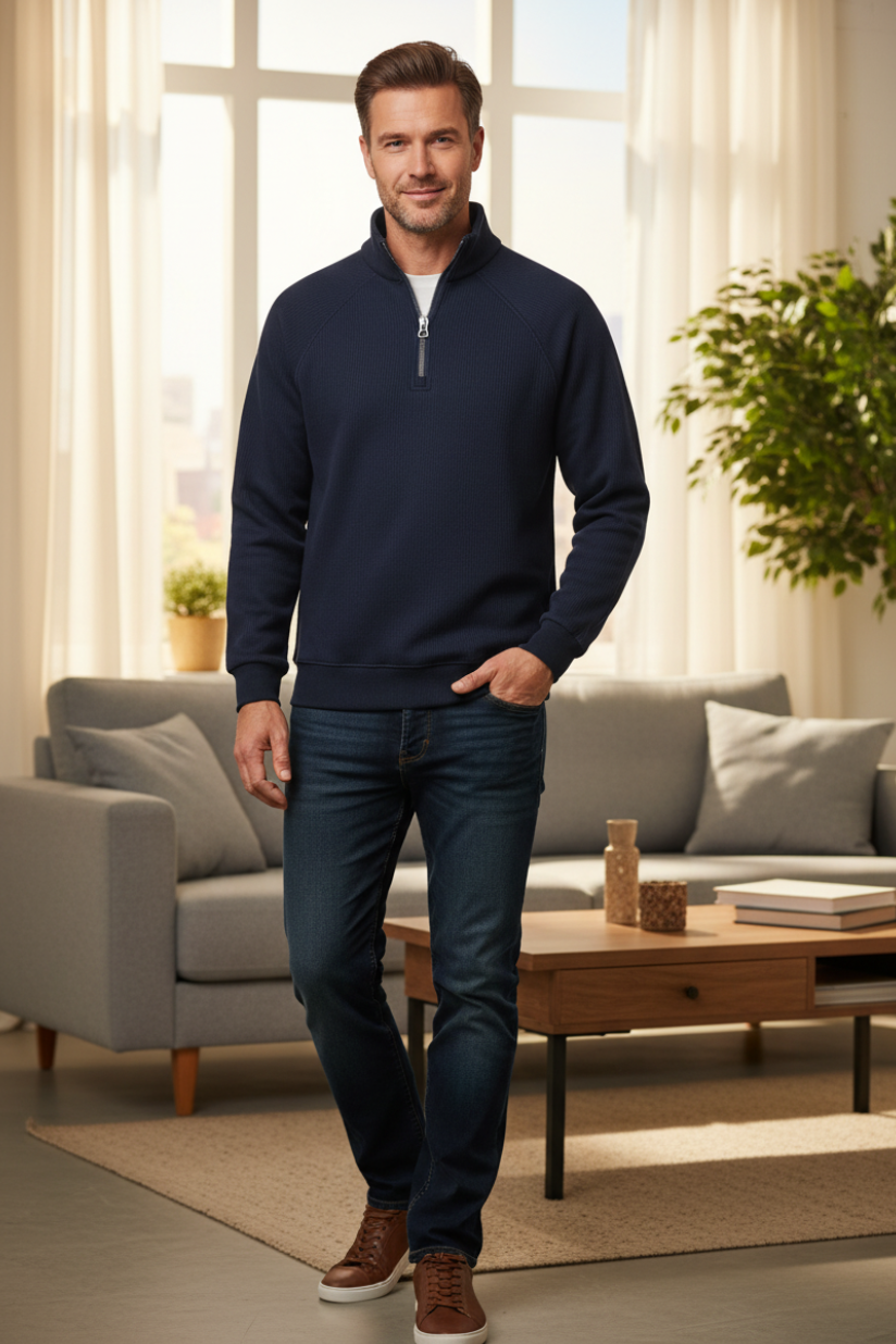 35-year-old man wearing navy quarter-zip sweatshirt