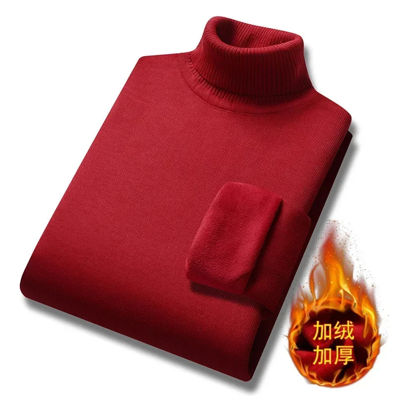 New 2026 Basic Warm Sweater for Men Winter Casual Pullover Warm Turtleneck Sweater Velvet Thick Solid Slim Bottoming Shirt Homme