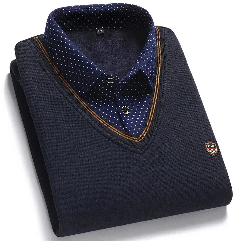 New 2025 Autumn Winter Men's Wool Shirt-Neck Sweater Fashionable Plaid Solid Thickened Warm Fleece High Quality Versatile Casual