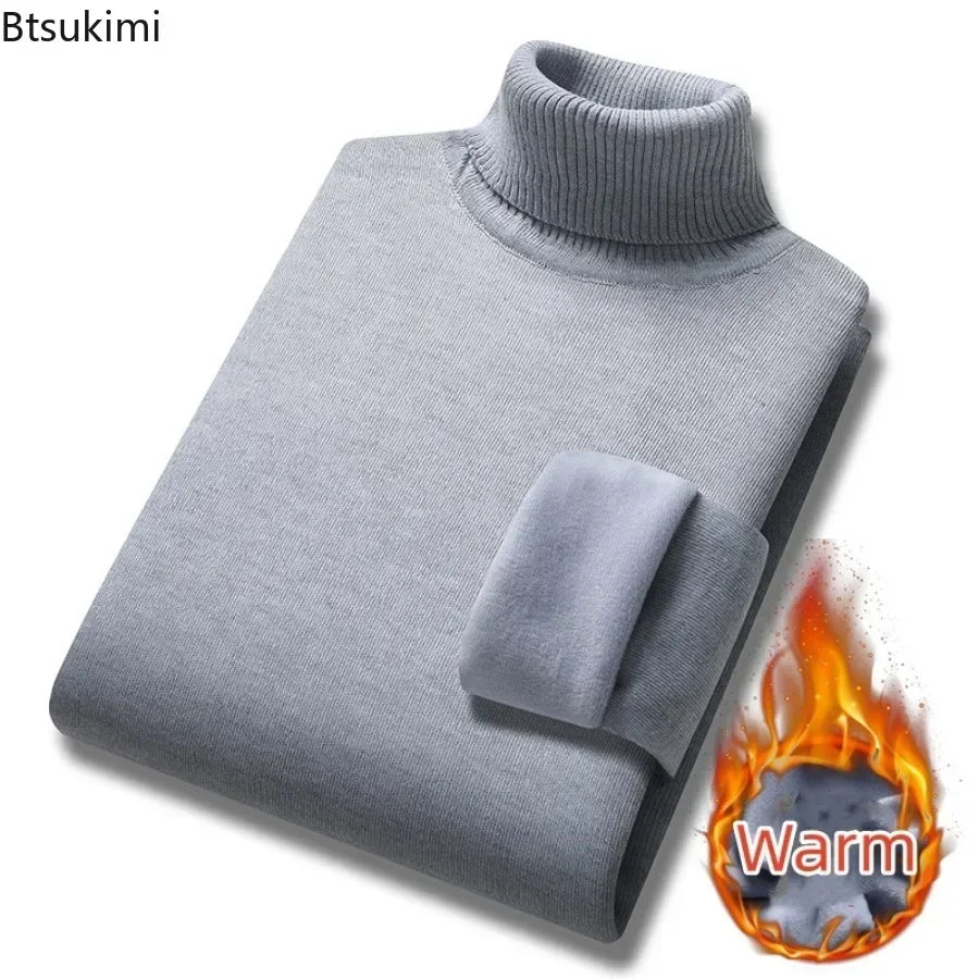 New 2026 Basic Warm Sweater for Men Winter Casual Pullover Warm Turtleneck Sweater Velvet Thick Solid Slim Bottoming Shirt Homme