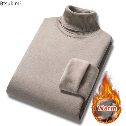 New 2026 Basic Warm Sweater for Men Winter Casual Pullover Warm Turtleneck Sweater Velvet Thick Solid Slim Bottoming Shirt Homme