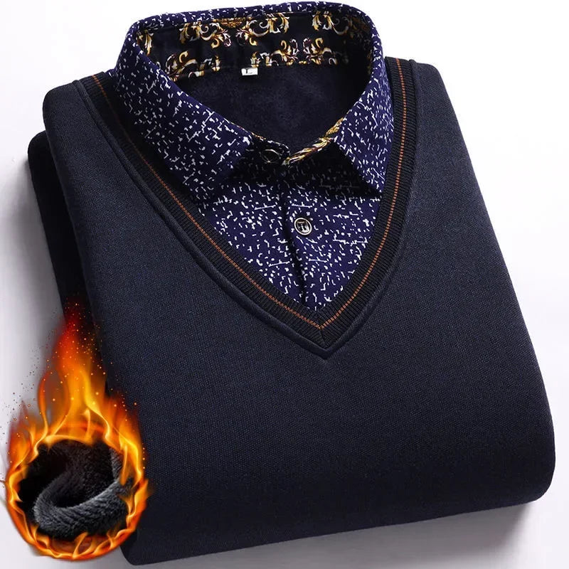 New 2025 Autumn Winter Men's Wool Shirt-Neck Sweater Fashionable Plaid Solid Thickened Warm Fleece High Quality Versatile Casual