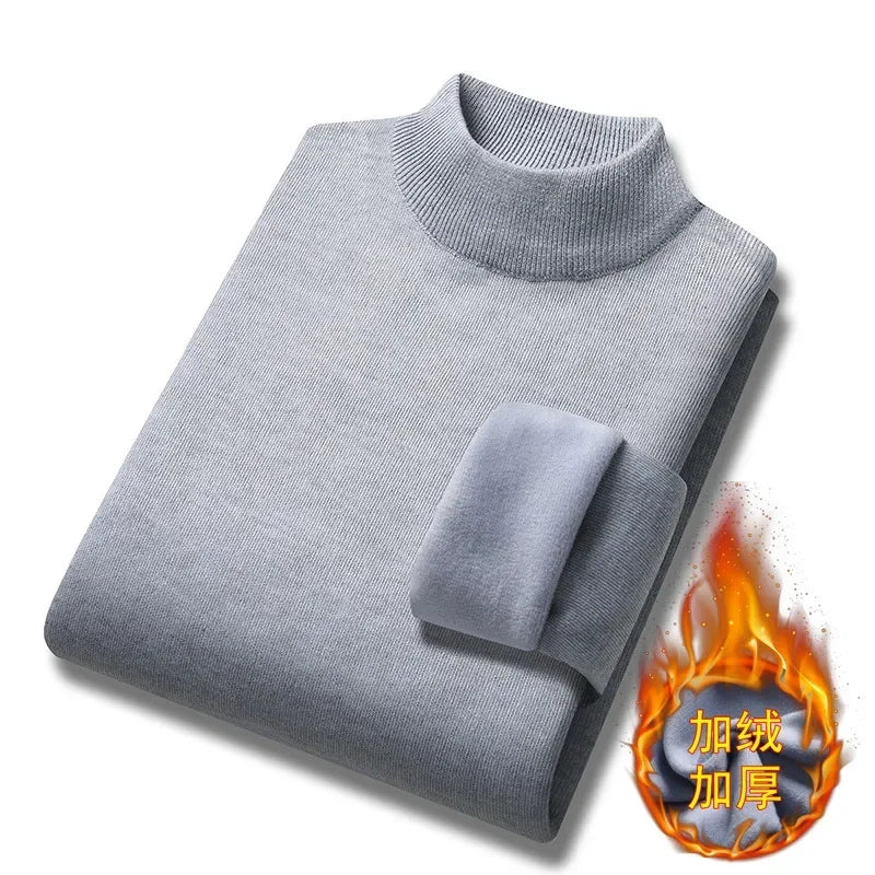 New 2026 Basic Warm Sweater for Men Winter Casual Pullover Warm Turtleneck Sweater Velvet Thick Solid Slim Bottoming Shirt Homme