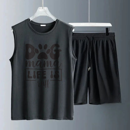 Men's vest suit Summer sleeveless printed Dog Mama tank Tops + shorts men's sports clothing two-piece sets Quick drying clothing