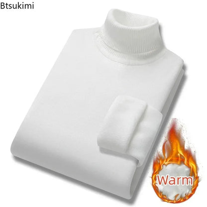 New 2026 Basic Warm Sweater for Men Winter Casual Pullover Warm Turtleneck Sweater Velvet Thick Solid Slim Bottoming Shirt Homme