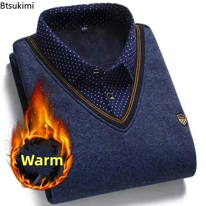 New 2025 Autumn Winter Men's Wool Shirt-Neck Sweater Fashionable Plaid Solid Thickened Warm Fleece High Quality Versatile Casual