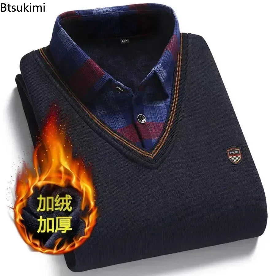 New 2025 Autumn Winter Men's Wool Shirt-Neck Sweater Fashionable Plaid Solid Thickened Warm Fleece High Quality Versatile Casual