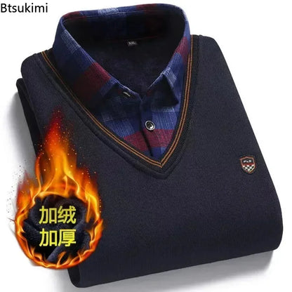 New 2025 Autumn Winter Men's Wool Shirt-Neck Sweater Fashionable Plaid Solid Thickened Warm Fleece High Quality Versatile Casual