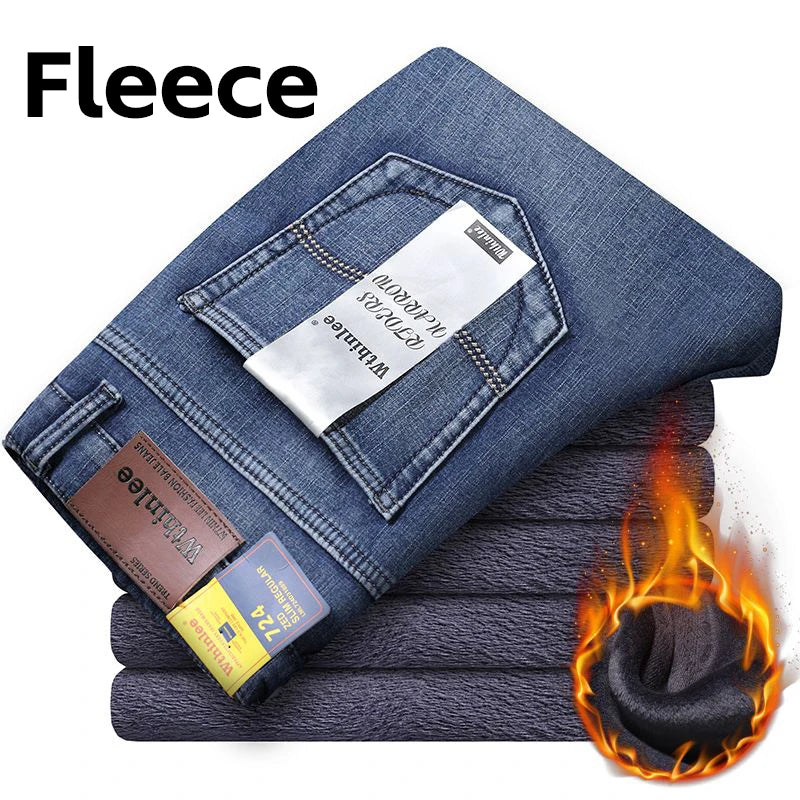 Wthinlee New Business Men's Jeans fleece Casual Straight Stretch Fashion Classic Blue Black Work Denim Trousers Male  Clothing