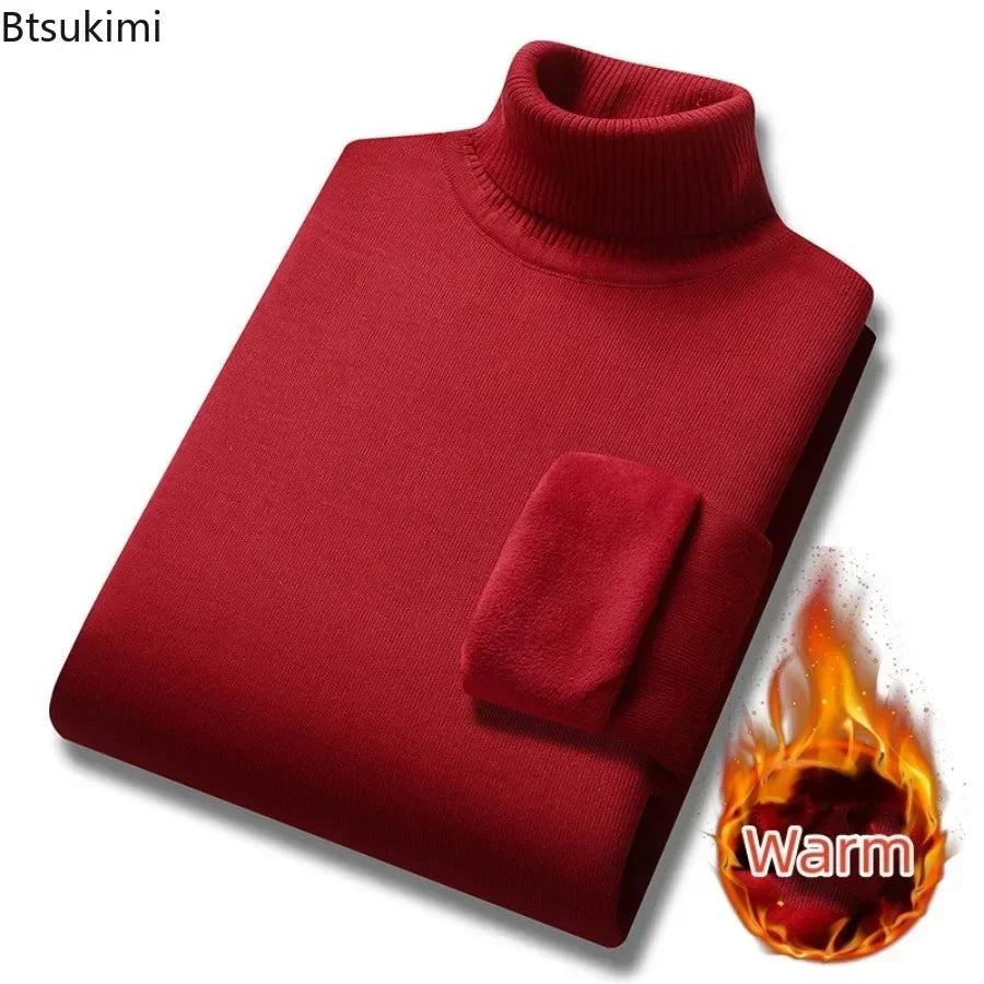 New 2026 Basic Warm Sweater for Men Winter Casual Pullover Warm Turtleneck Sweater Velvet Thick Solid Slim Bottoming Shirt Homme