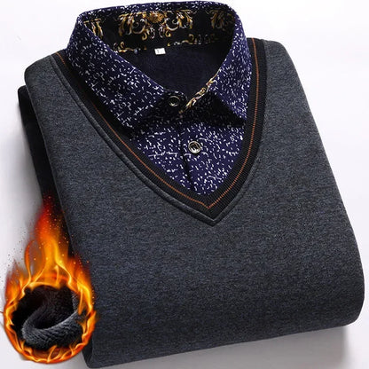 New 2025 Autumn Winter Men's Wool Shirt-Neck Sweater Fashionable Plaid Solid Thickened Warm Fleece High Quality Versatile Casual