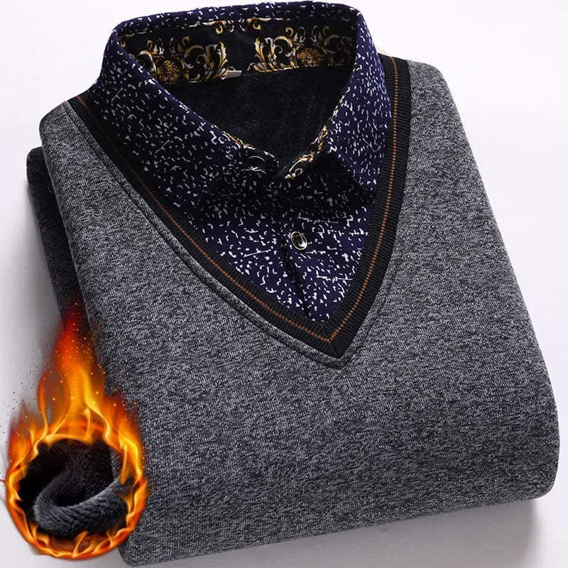 New 2025 Autumn Winter Men's Wool Shirt-Neck Sweater Fashionable Plaid Solid Thickened Warm Fleece High Quality Versatile Casual