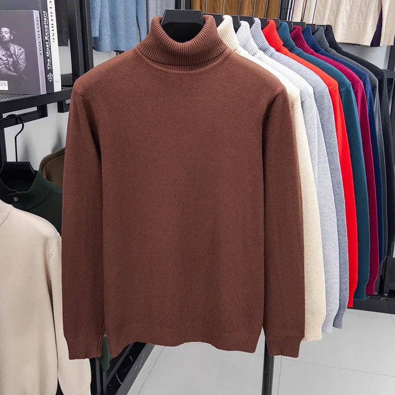 Autumn Mens High Quality Knitted Turtleneck Sweater Slim Fit Long Sleeve Anti-pilling Pullover Solid Color Trend Men Streetwea