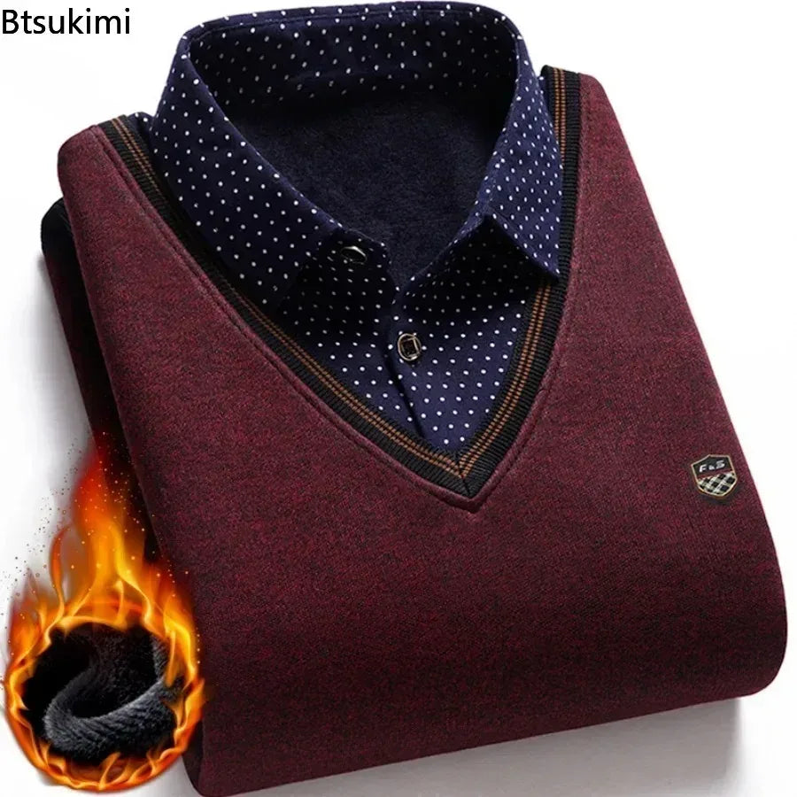 New 2025 Autumn Winter Men's Wool Shirt-Neck Sweater Fashionable Plaid Solid Thickened Warm Fleece High Quality Versatile Casual