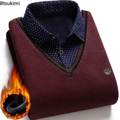 New 2025 Autumn Winter Men's Wool Shirt-Neck Sweater Fashionable Plaid Solid Thickened Warm Fleece High Quality Versatile Casual