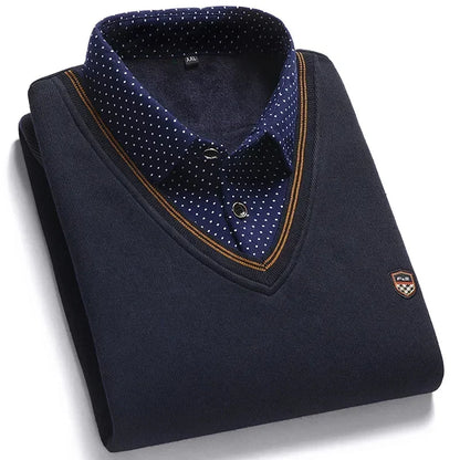 New 2025 Autumn Winter Men's Wool Shirt-Neck Sweater Fashionable Plaid Solid Thickened Warm Fleece High Quality Versatile Casual